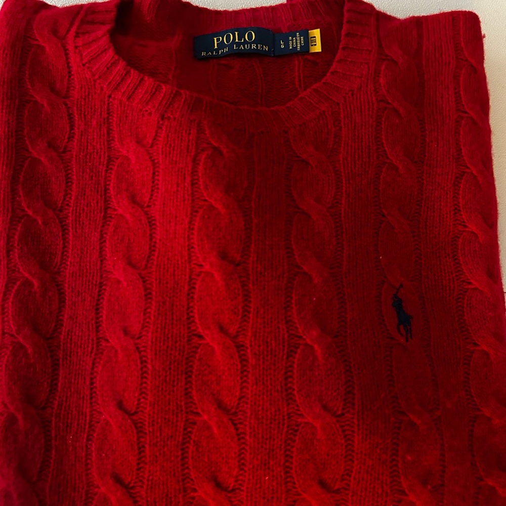 Polo by Ralph Lauren Men's Red Cable Knit Crewneck Sweater